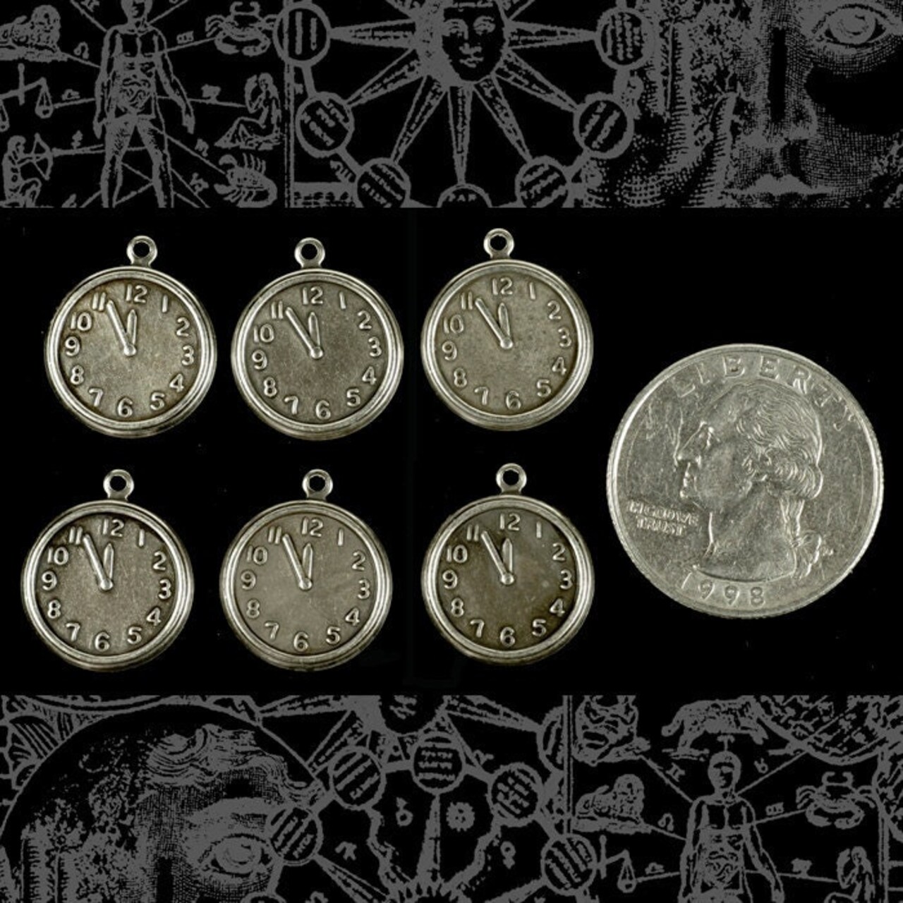 Antiqued Silver Plated Brass Clock or Mini-Pocket Watch Charms - Set of Six - S-C53